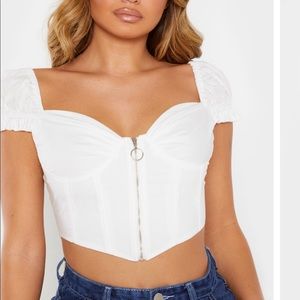 PLT WHITE ZIP FRONT PUFF SLEEVE TOP